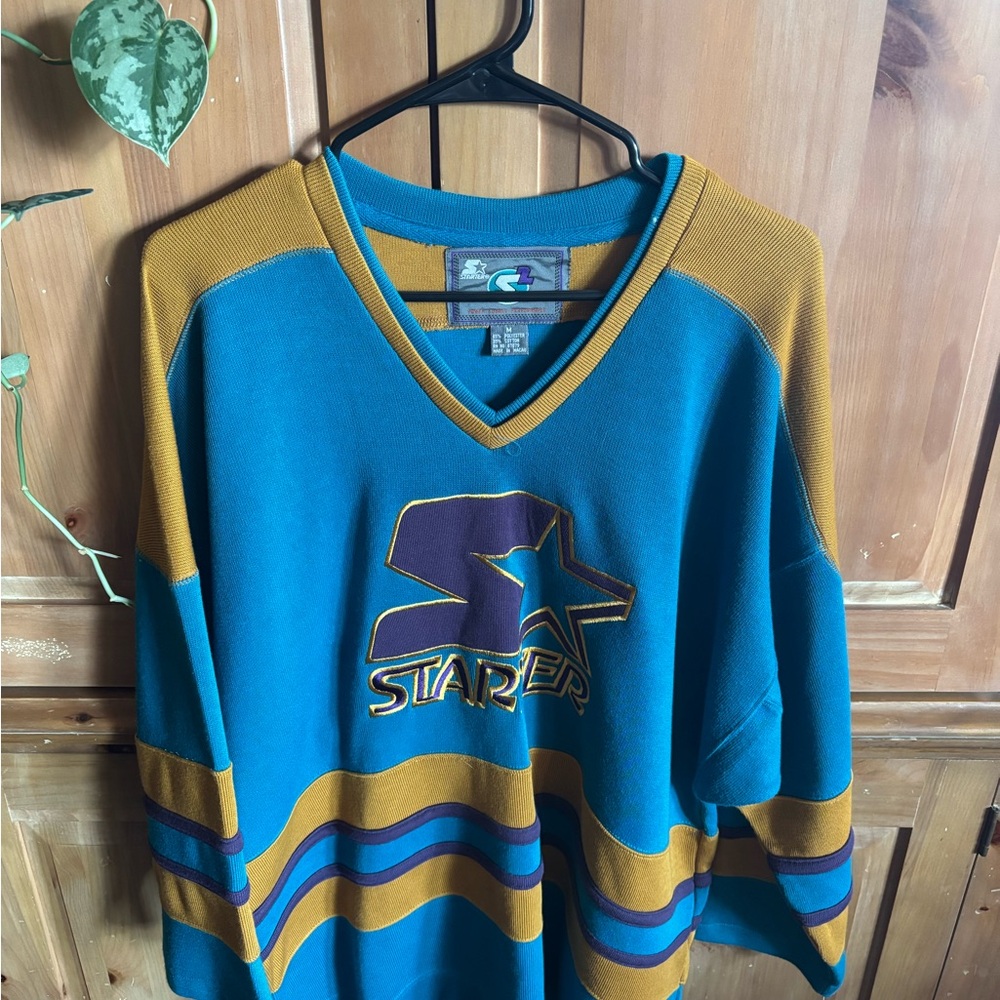Vintage STARTER Men's Teal and Mustard V-Neck Sweater New with Tags